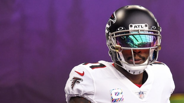 Oct 18, 2020; Minneapolis, Minnesota, USA; Atlanta Falcons wide receiver Julio Jones (11) looks on during warm-ups before a game against the Minnesota Vikings at U.S. Bank Stadium. Mandatory Credit: Nick Wosika-USA TODAY Sports